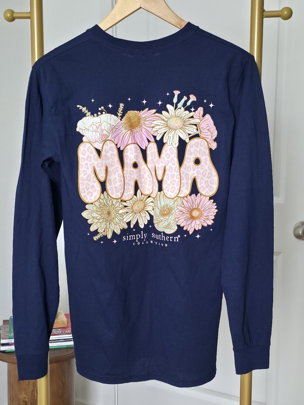 NWT Simply Southern Leopard Mama Flowers Long Sleeve T-Shirt, Navy, Small, Crew